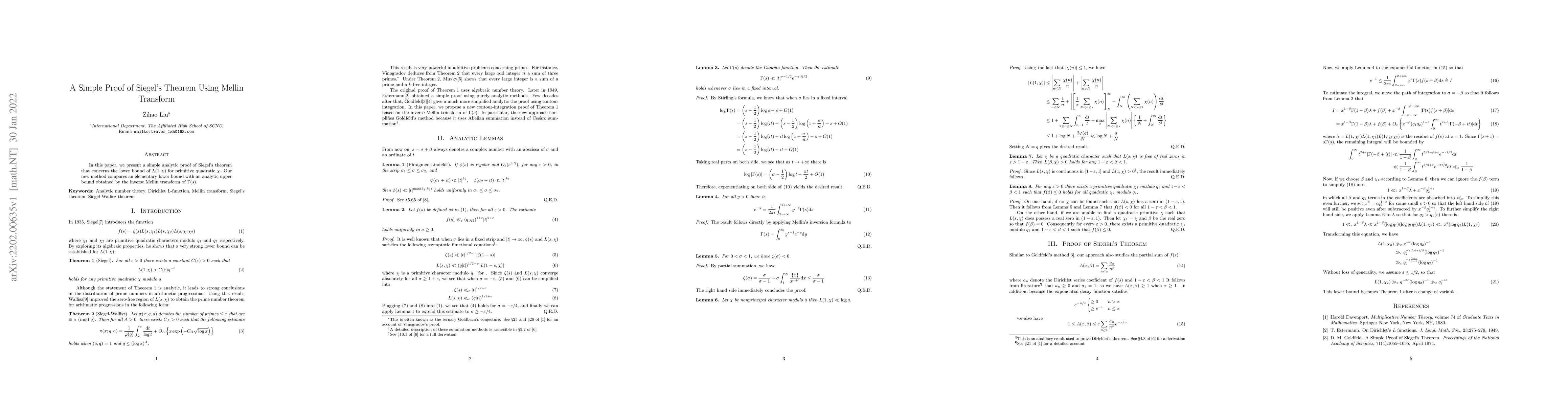 Thumbnail for A Simple Proof of Siegel's Theorem Using Mellin Transform