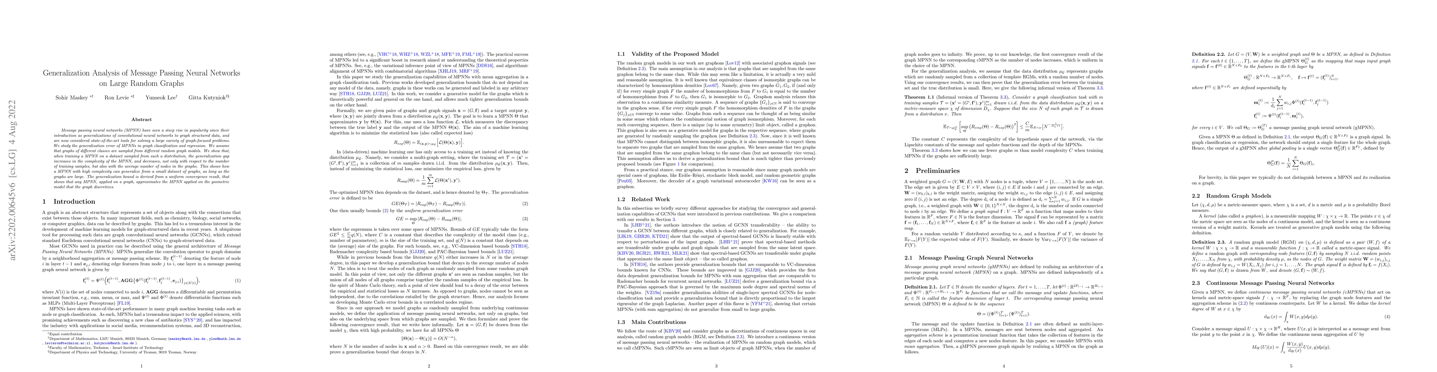 Thumbnail for Generalization Analysis of Message Passing Neural Networks on Large
  Random Graphs