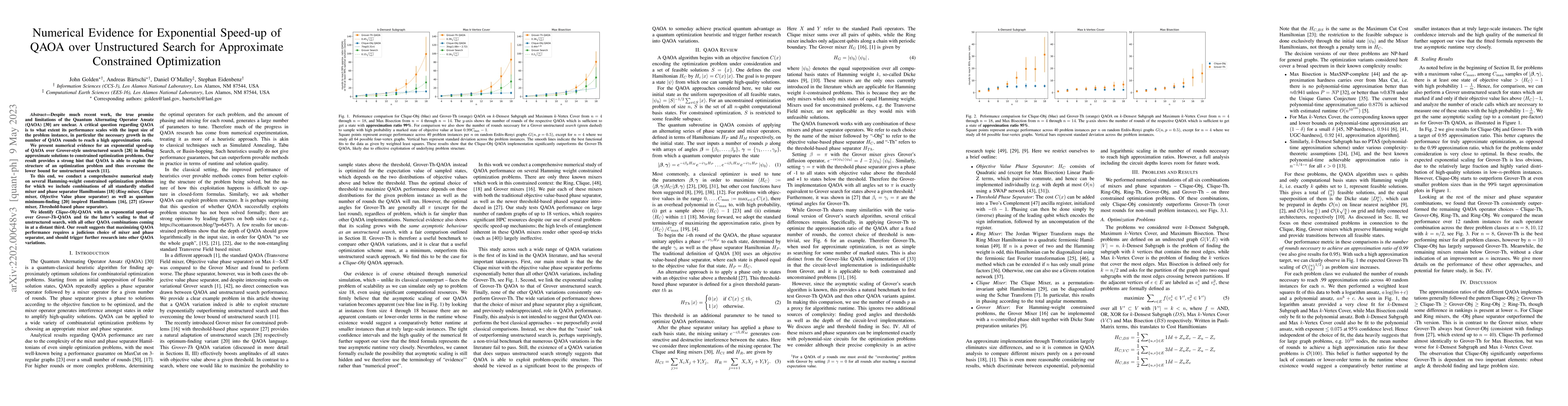 Thumbnail for Numerical Evidence for Exponential Speed-up of QAOA over Unstructured
  Search for Approximate Constrained Optimization