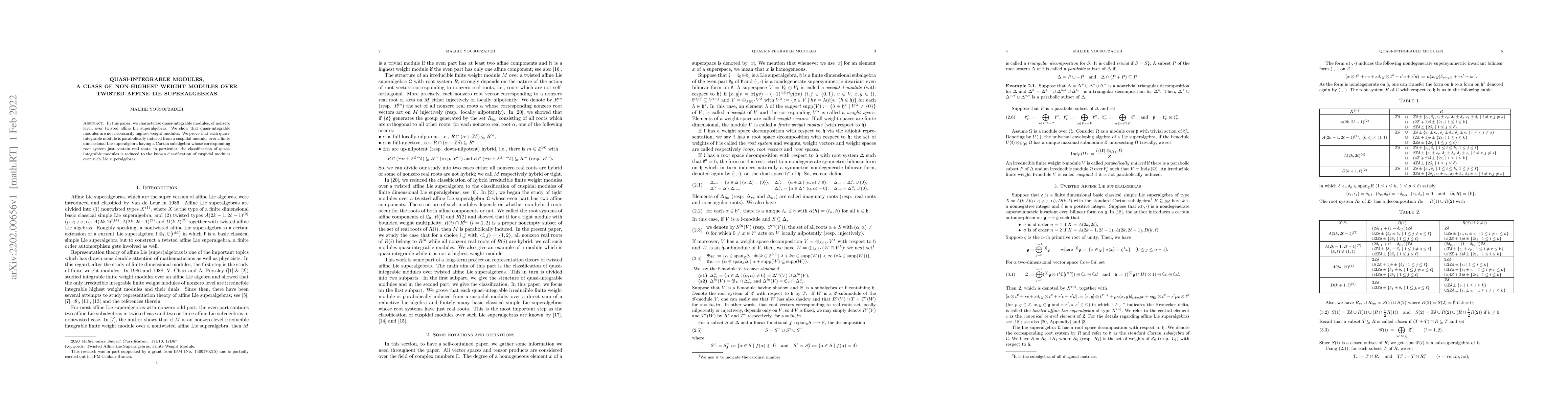 Thumbnail for Quasi-integrable modules, a class of non-highest weight modules over
  twisted affine Lie superalgebras