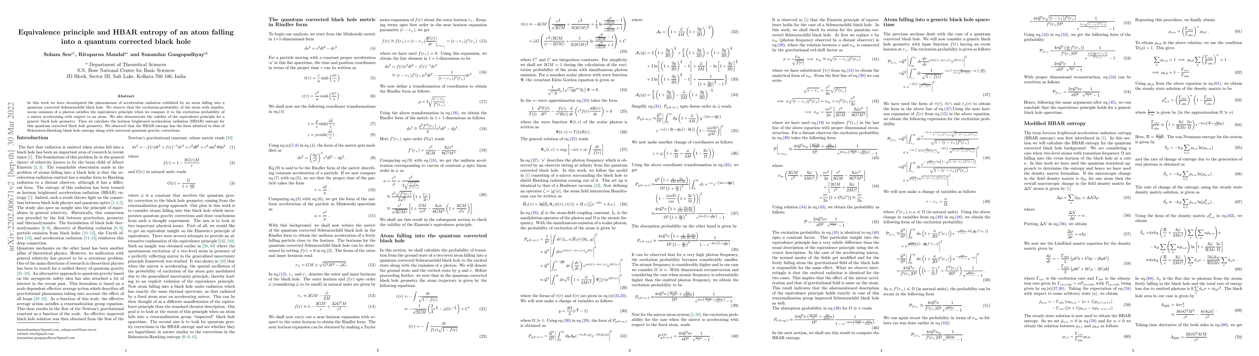 Thumbnail for Equivalence principle and HBAR entropy of an atom falling into a quantum
  corrected black hole