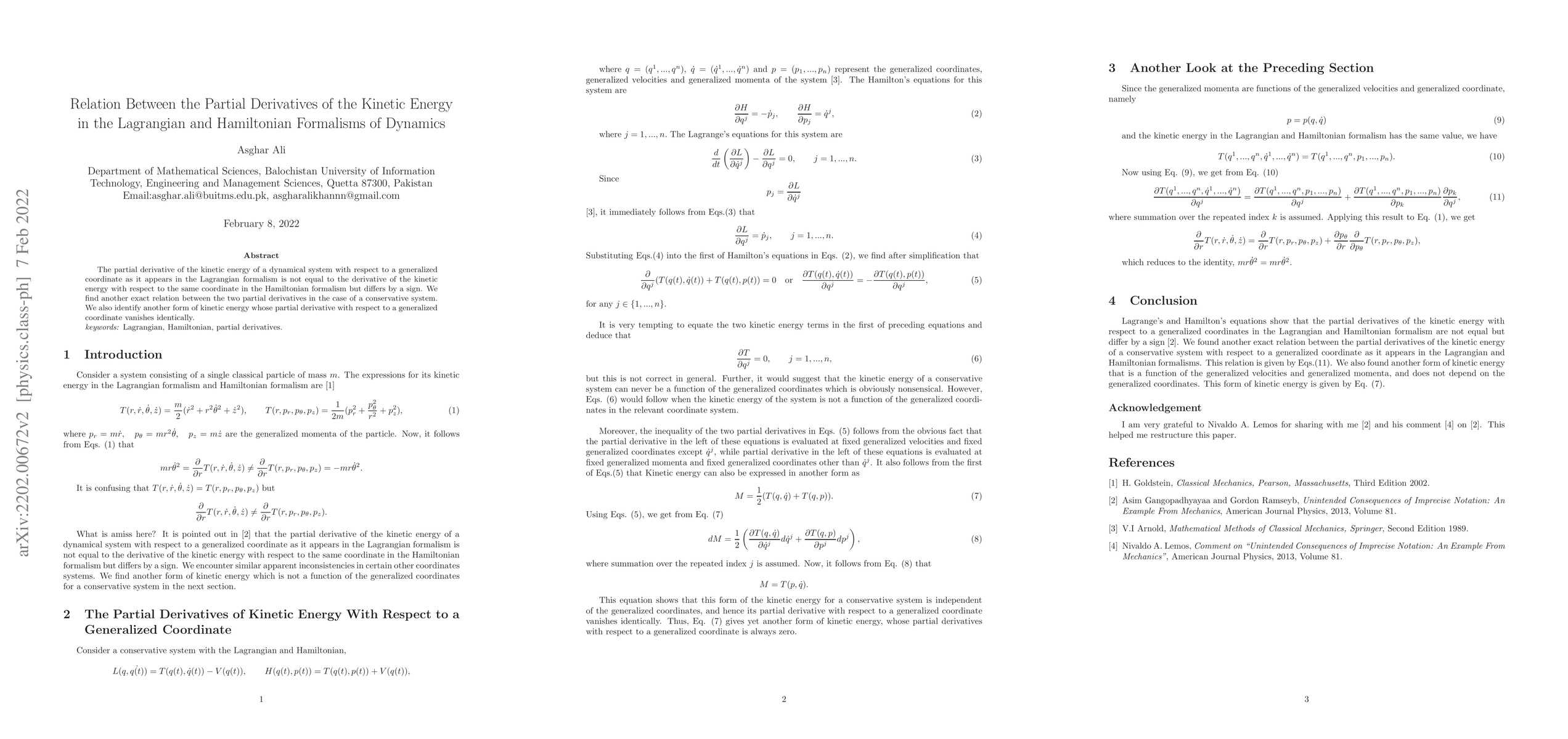 Thumbnail for Relation Between the Partial Derivatives of the Kinetic Energy in the
  Lagrangian and Hamiltonian Formalisms of Dynamics