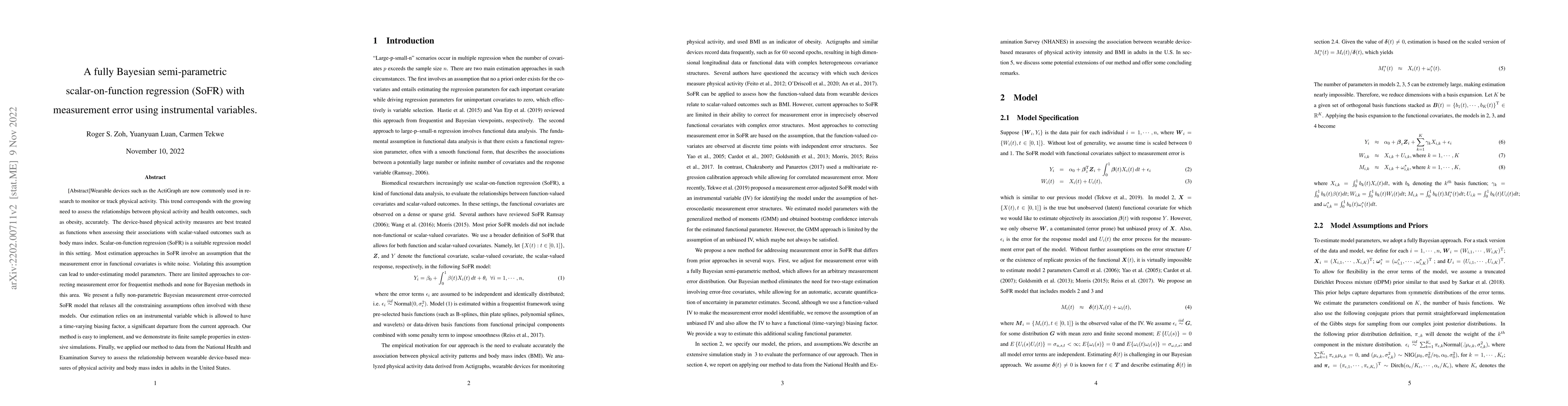 Thumbnail for A fully Bayesian semi-parametric scalar-on-function regression (SoFR)
  with measurement error using instrumental variables