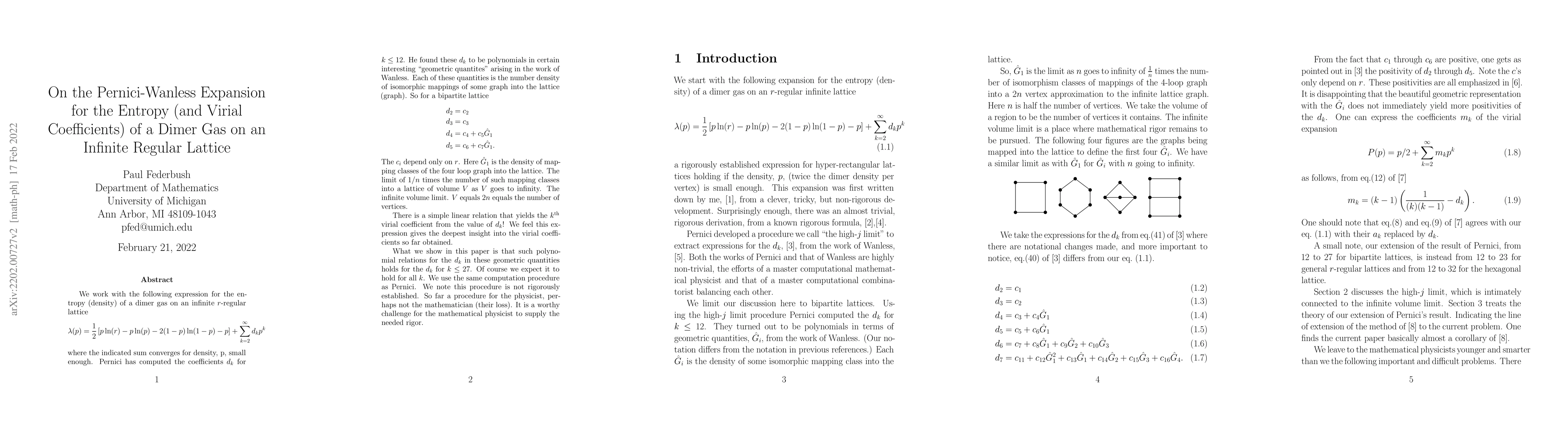Thumbnail for On the Pernici-Wanless Expansion for the Entropy ( and Virial
  Coefficients ) of a Dimer Gas on an Infinite Regular Lattice