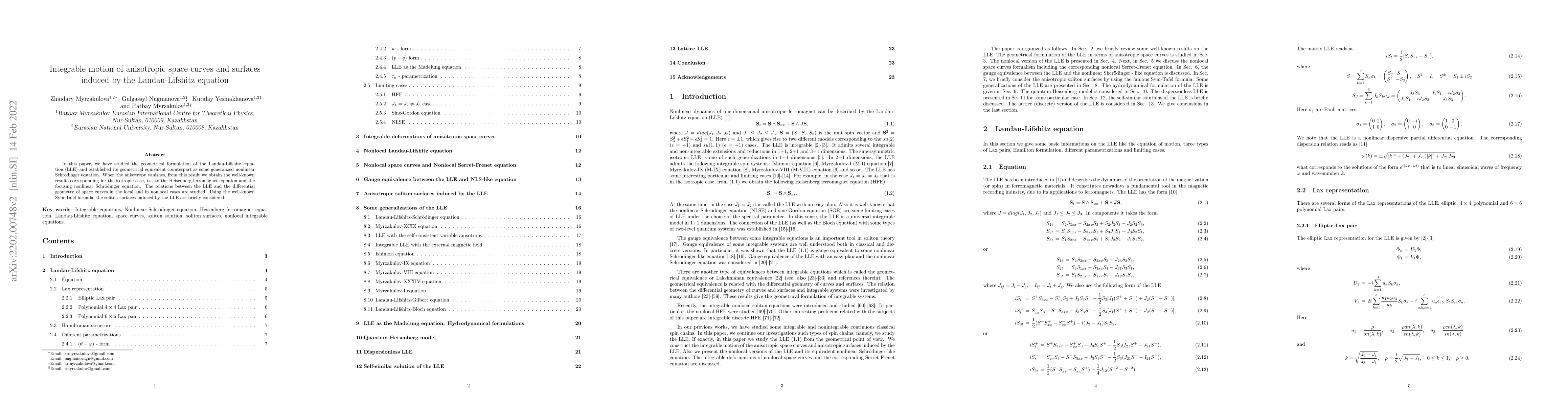 Thumbnail for Integrable motion of anisotropic space curves and surfaces induced by
  the Landau-Lifshitz equation