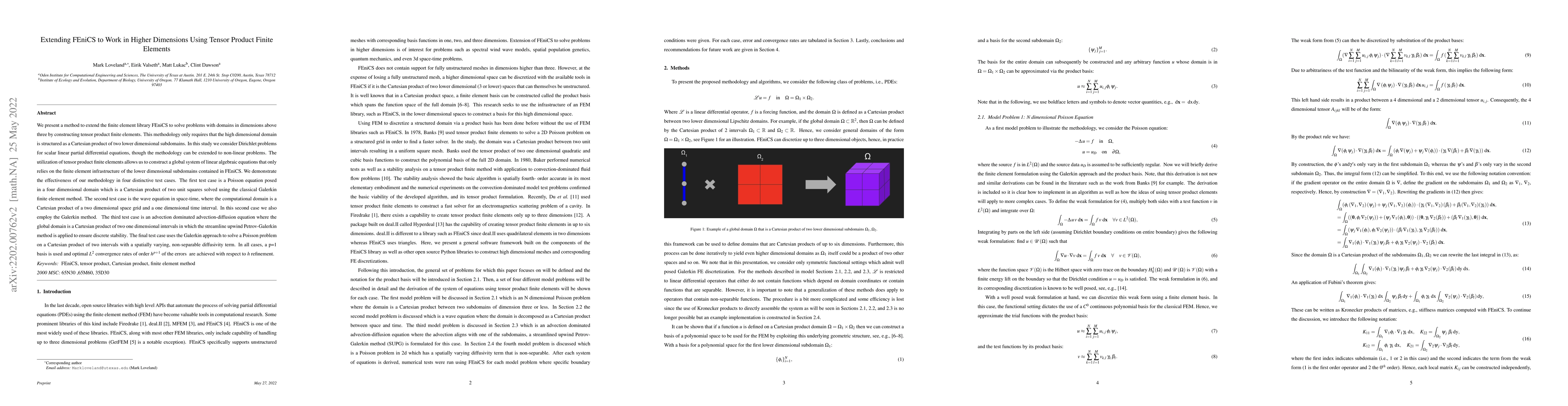 Thumbnail for Extending FEniCS to Work in Higher Dimensions Using Tensor Product
  Finite Elements