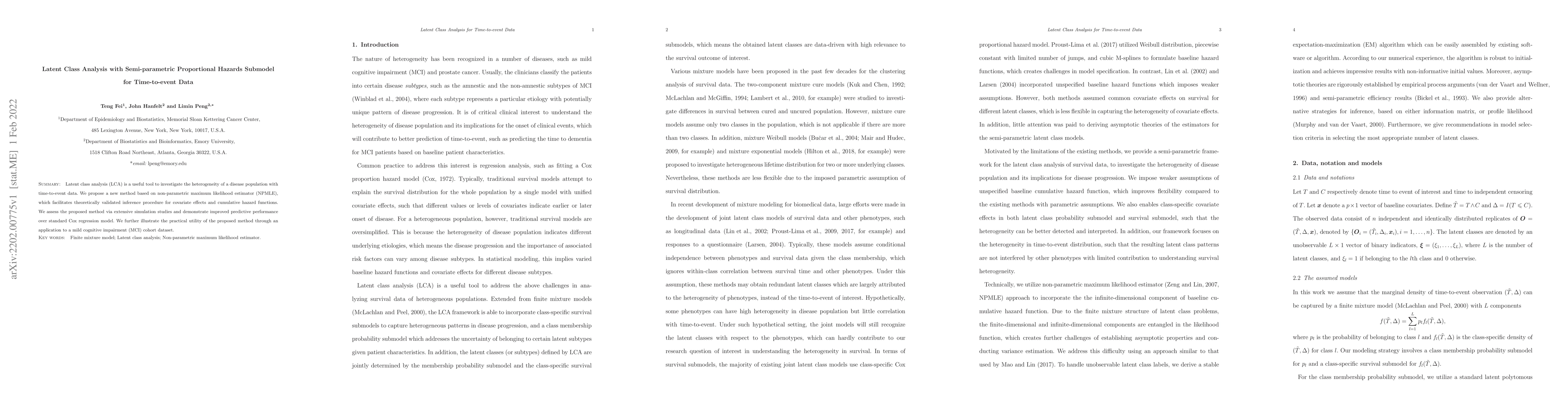 Thumbnail for Latent Class Analysis with Semi-parametric Proportional Hazards Submodel
  for Time-to-event Data