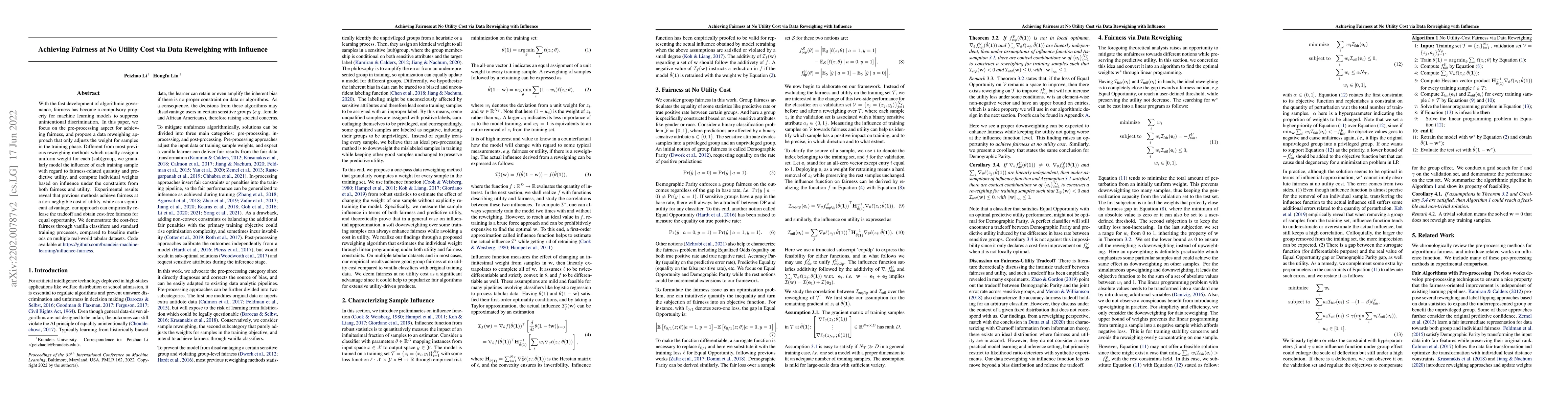 Thumbnail for Achieving Fairness at No Utility Cost via Data Reweighing with Influence