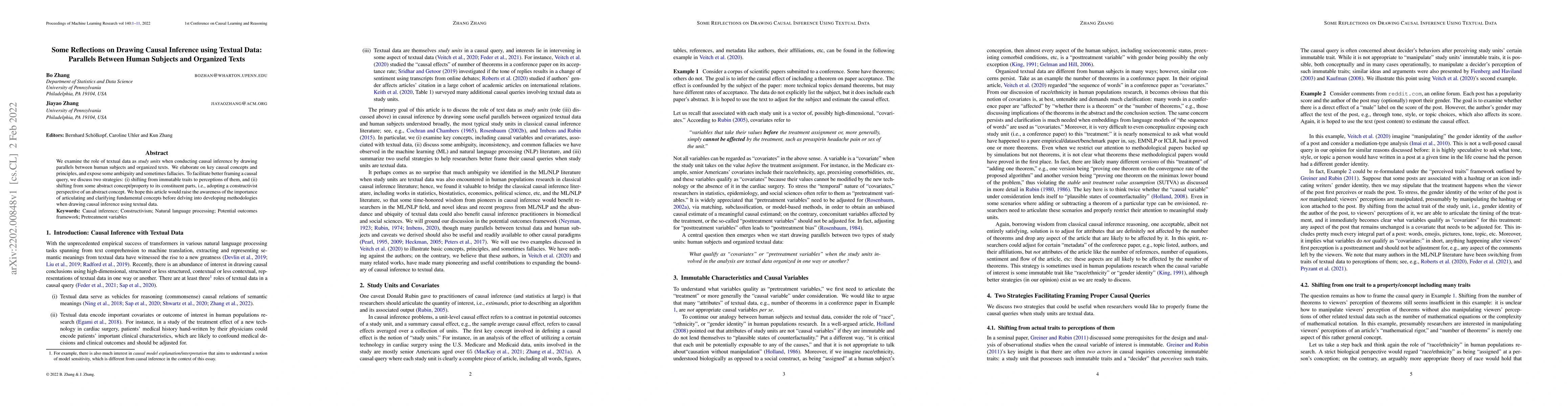 Thumbnail for Some Reflections on Drawing Causal Inference using Textual Data:
  Parallels Between Human Subjects and Organized Texts