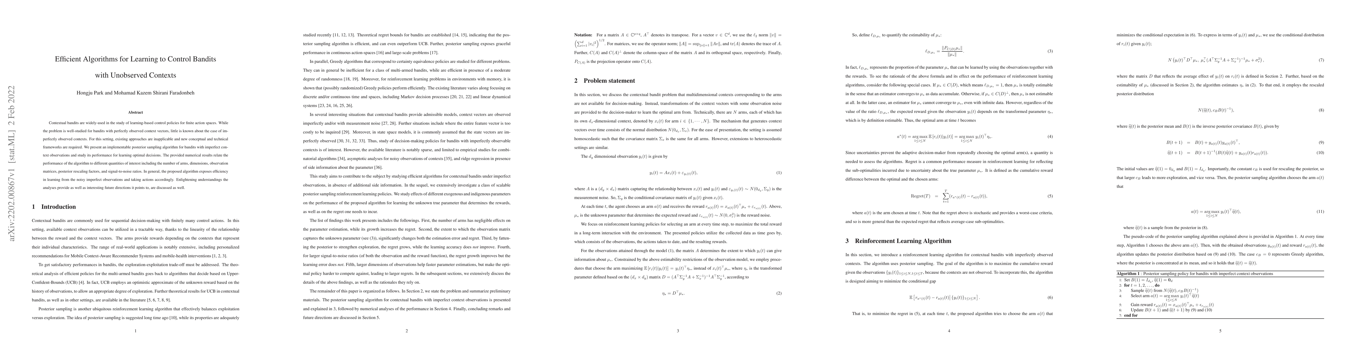 Thumbnail for Efficient Algorithms for Learning to Control Bandits with Unobserved
  Contexts