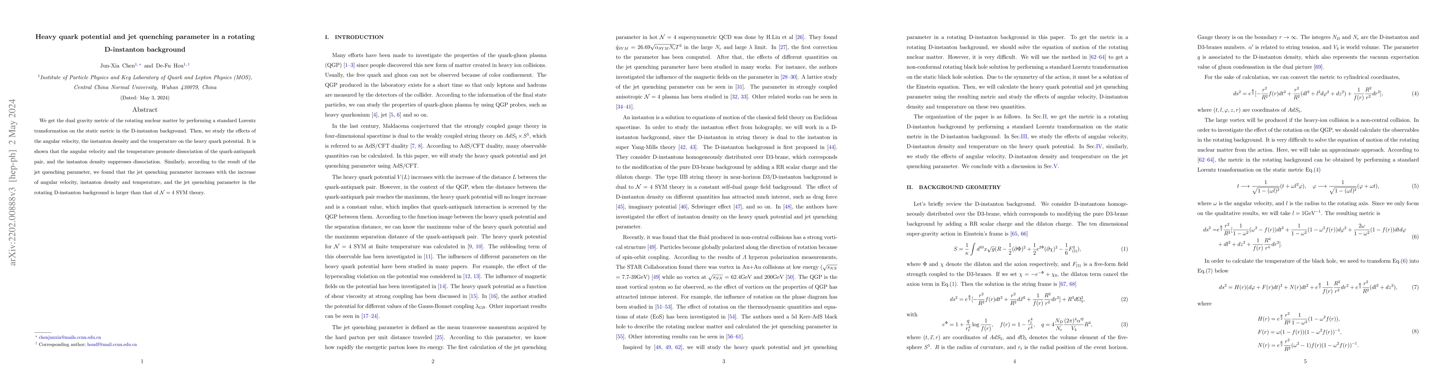 Thumbnail for Heavy quark potential and jet quenching parameter in a rotating
  D-instanton background