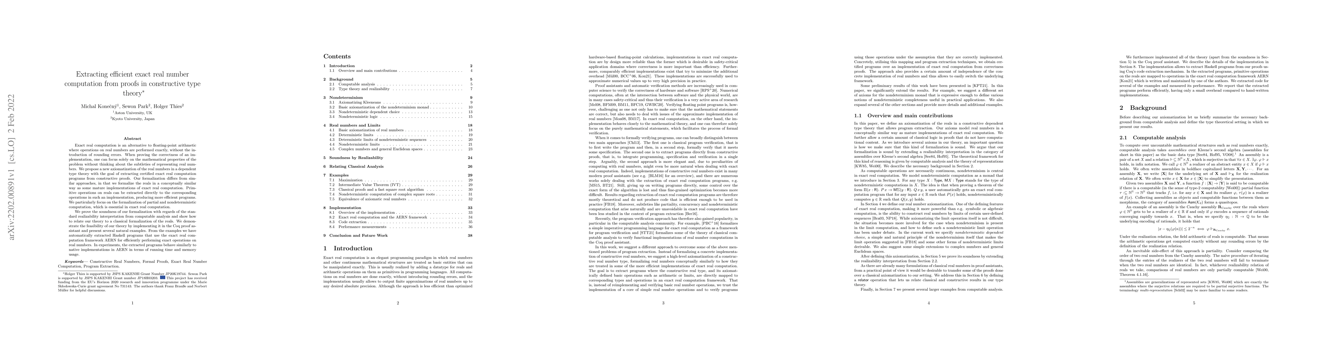 Thumbnail for Extracting efficient exact real number computation from proofs in
  constructive type theory