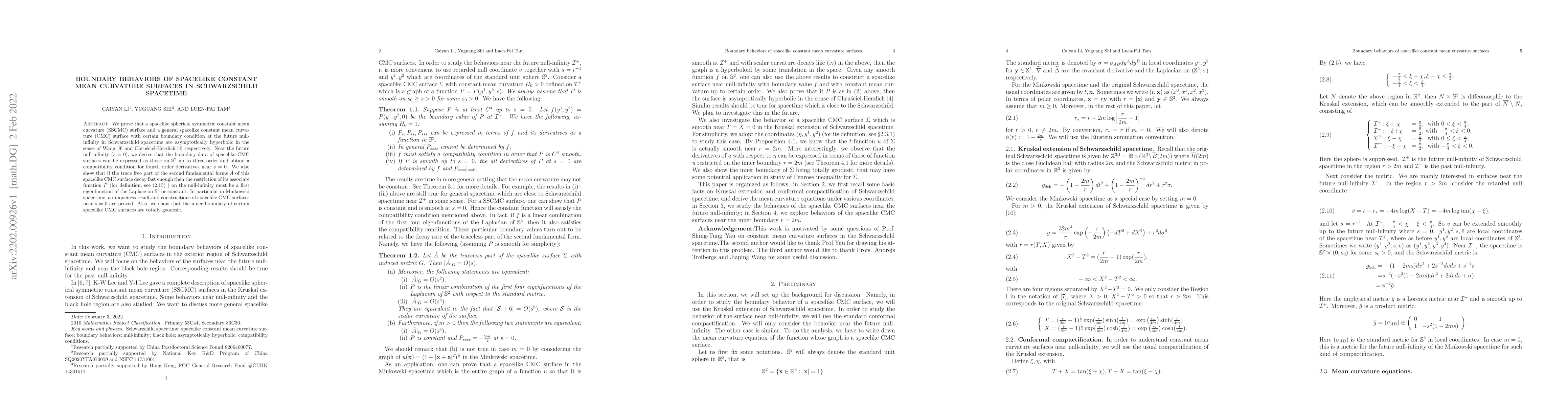 Thumbnail for Boundary behaviors of spacelike constant mean curvature surfaces in
  Schwarzschild spacetime