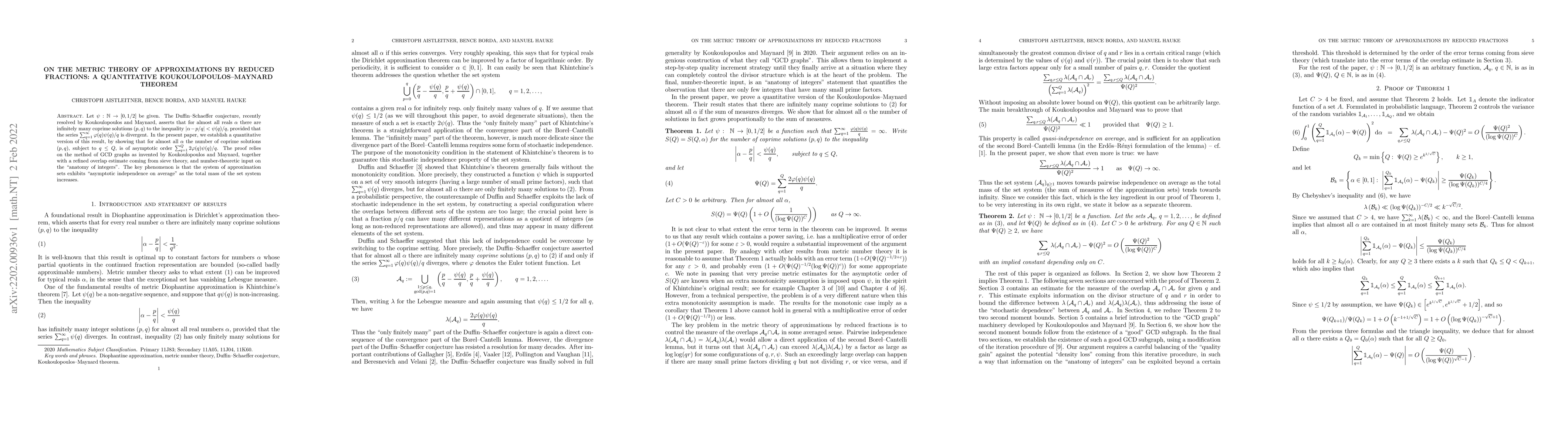Thumbnail for On the metric theory of approximations by reduced fractions: a
  quantitative Koukoulopoulos-Maynard theorem