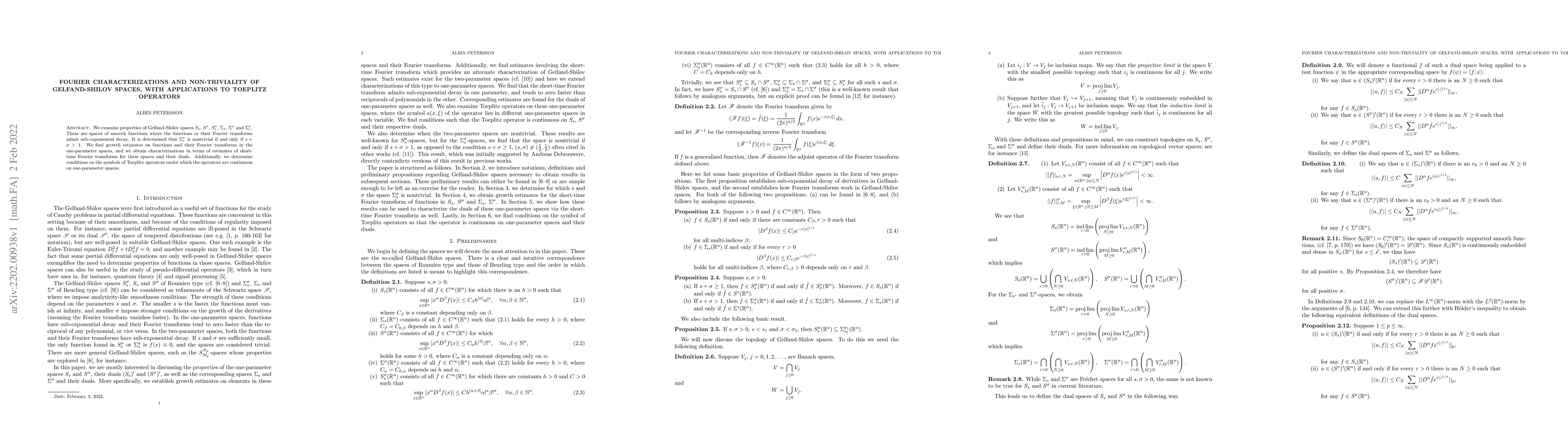 Thumbnail for Fourier characterizations and non-triviality of Gelfand-Shilov spaces,
  with applications to Toeplitz operators