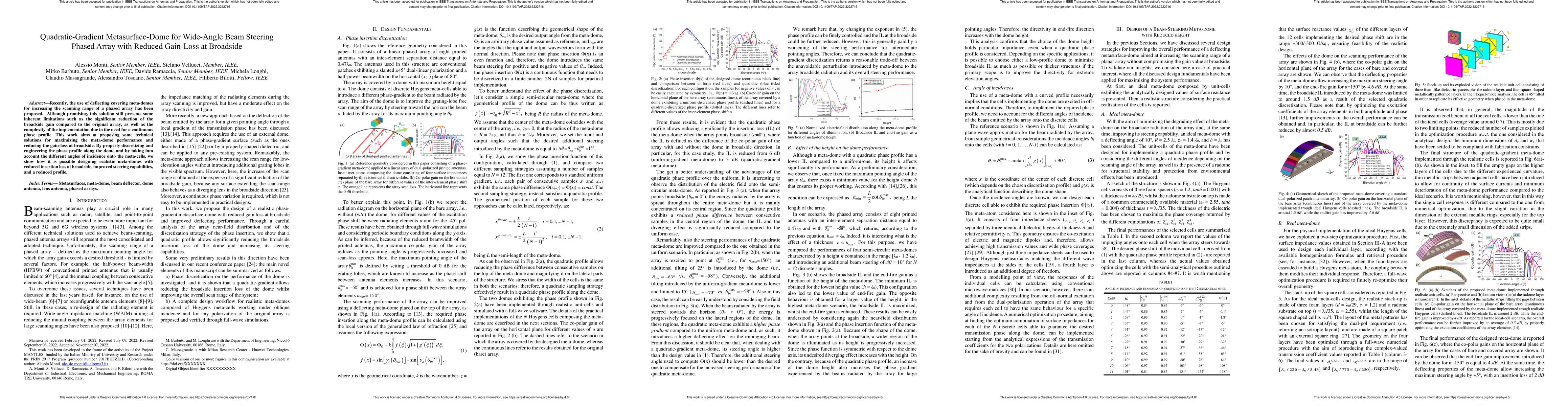 Thumbnail for Quadratic-Gradient Metasurface-Dome for Wide-Angle Beam Steering Phased
  Array with Reduced Gain-Loss at Broadside