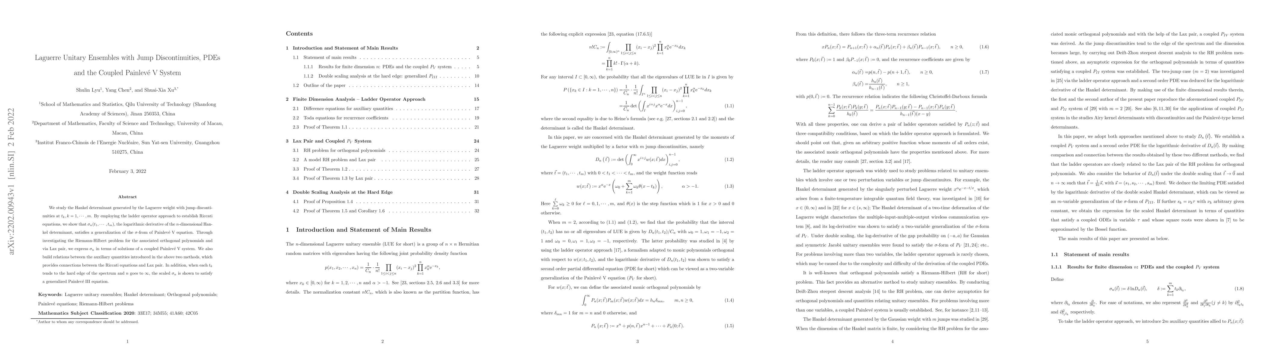 Thumbnail for Laguerre Unitary Ensembles with Jump Discontinuities, PDEs and the
  Coupled Painlev\'{e} V System