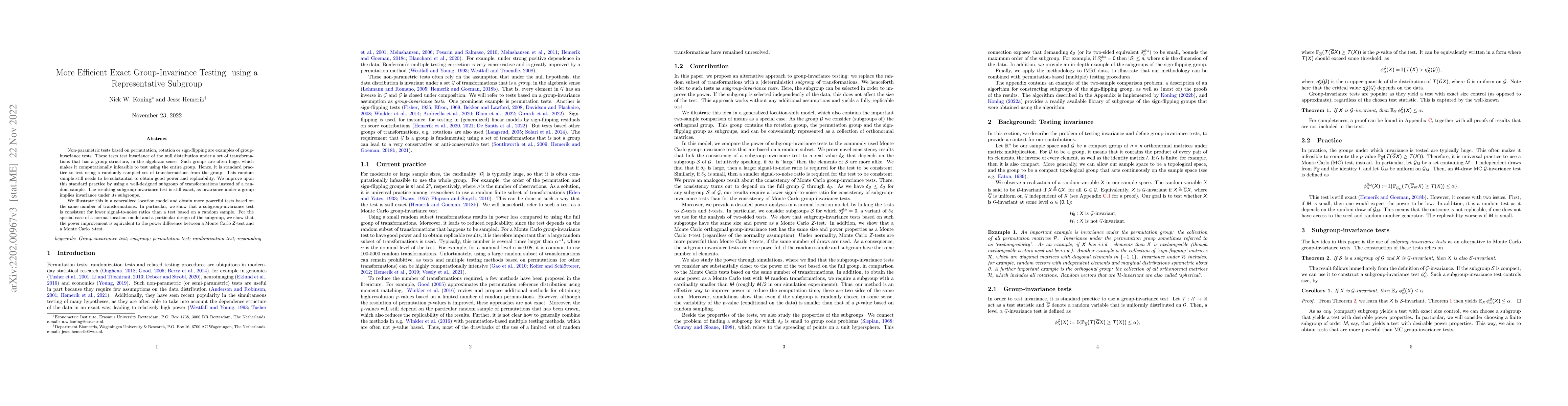 Thumbnail for More Efficient Exact Group-Invariance Testing: using a Representative
  Subgroup