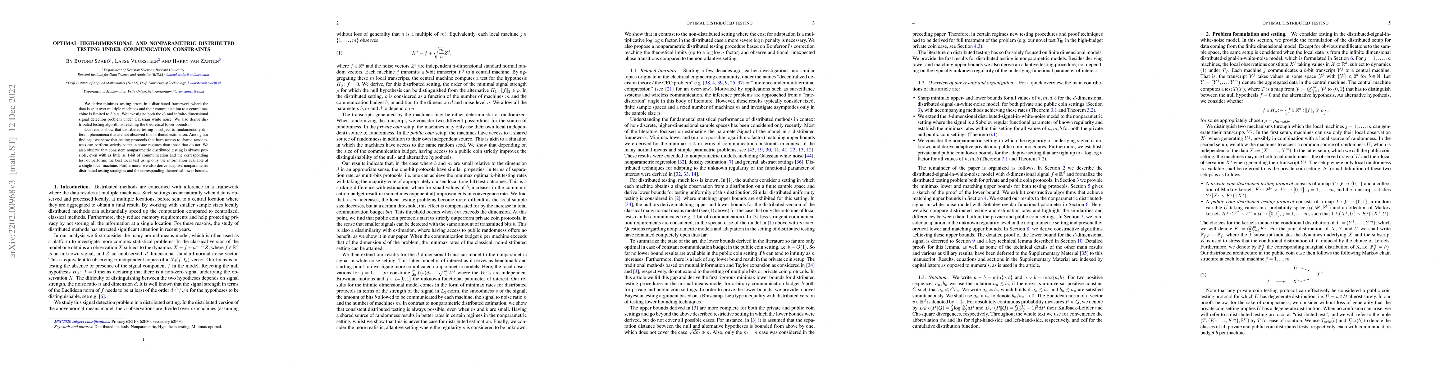 Thumbnail for Optimal high-dimensional and nonparametric distributed testing under
  communication constraints