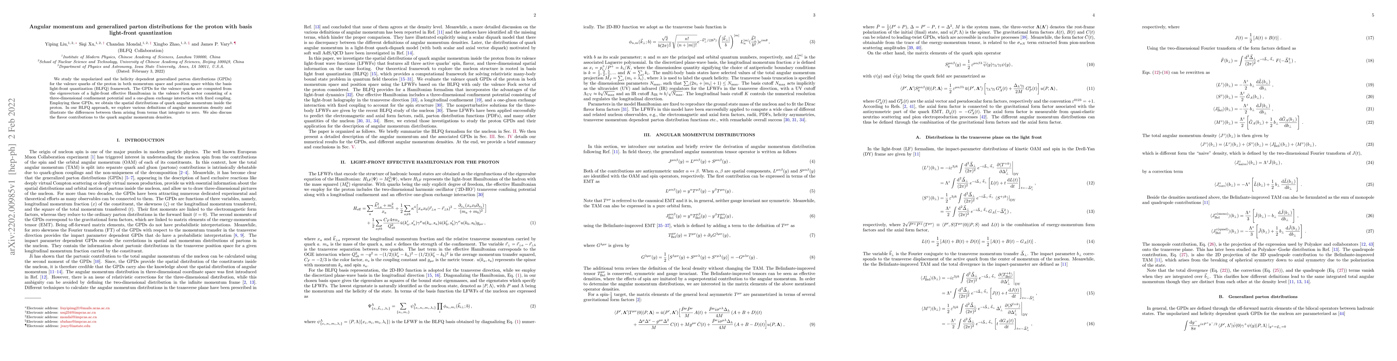 Thumbnail for Angular momentum and generalized parton distributions for the proton
  with basis light-front quantization