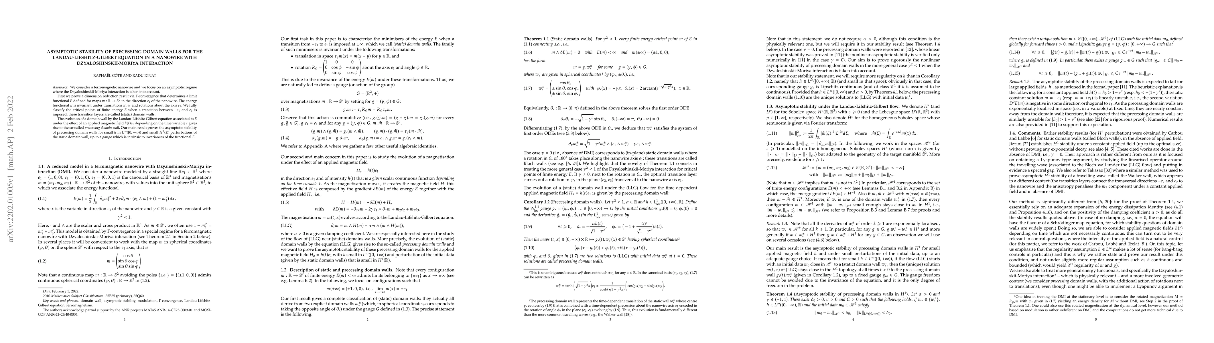 Thumbnail for Asymptotic stability of precessing domain walls for the
  Landau-Lifshitz-Gilbert equation in a nanowire with Dzyaloshinskii-Moriya
  interaction