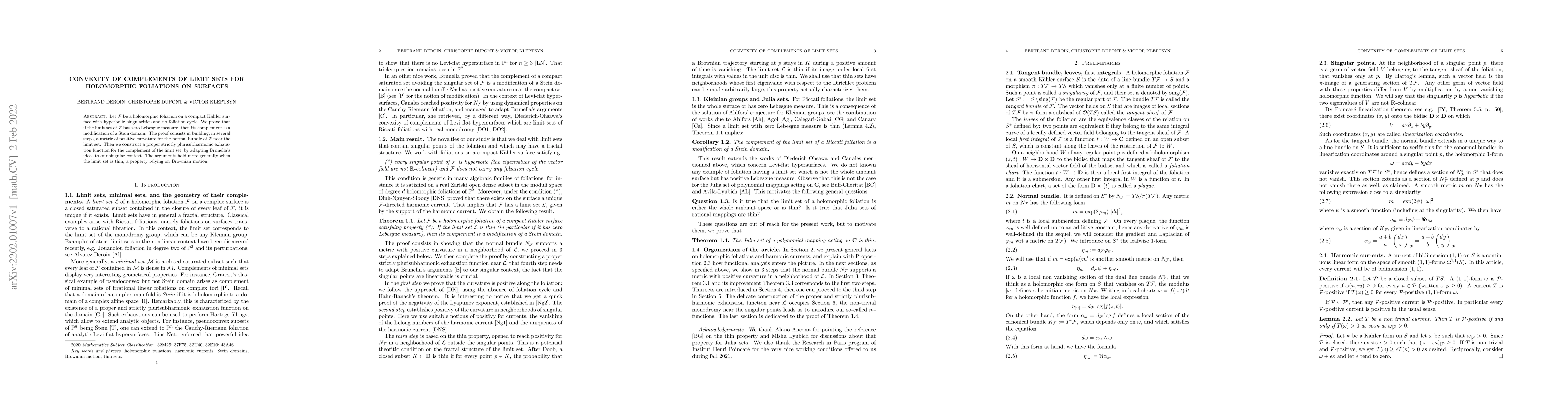 Thumbnail for Convexity of complements of limit sets for holomorphic foliations on
  surfaces