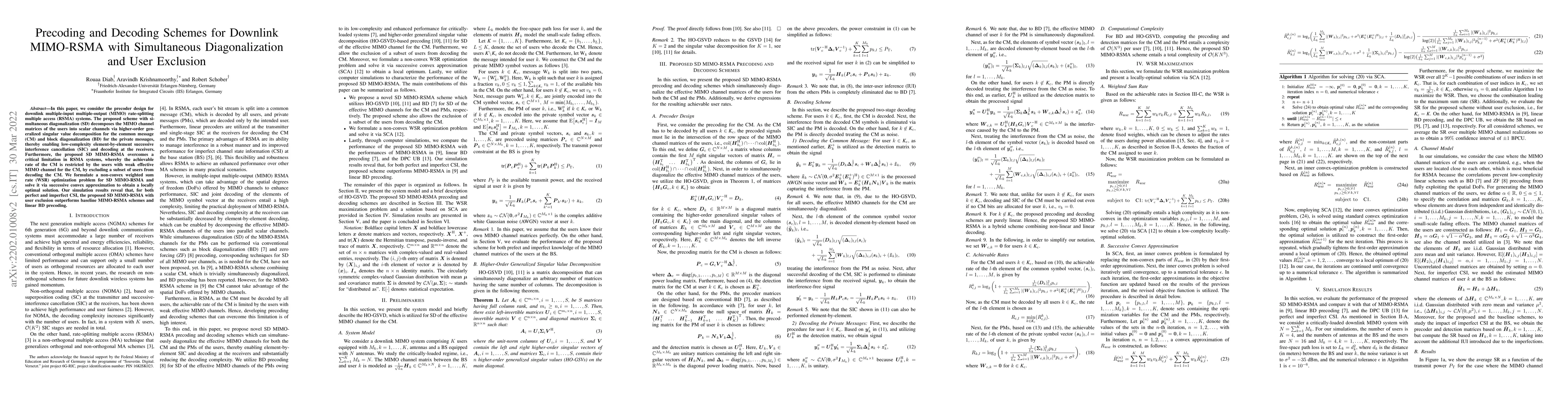 Thumbnail for Precoding and Decoding Schemes for Downlink MIMO-RSMA with Simultaneous
  Diagonalization and User Exclusion