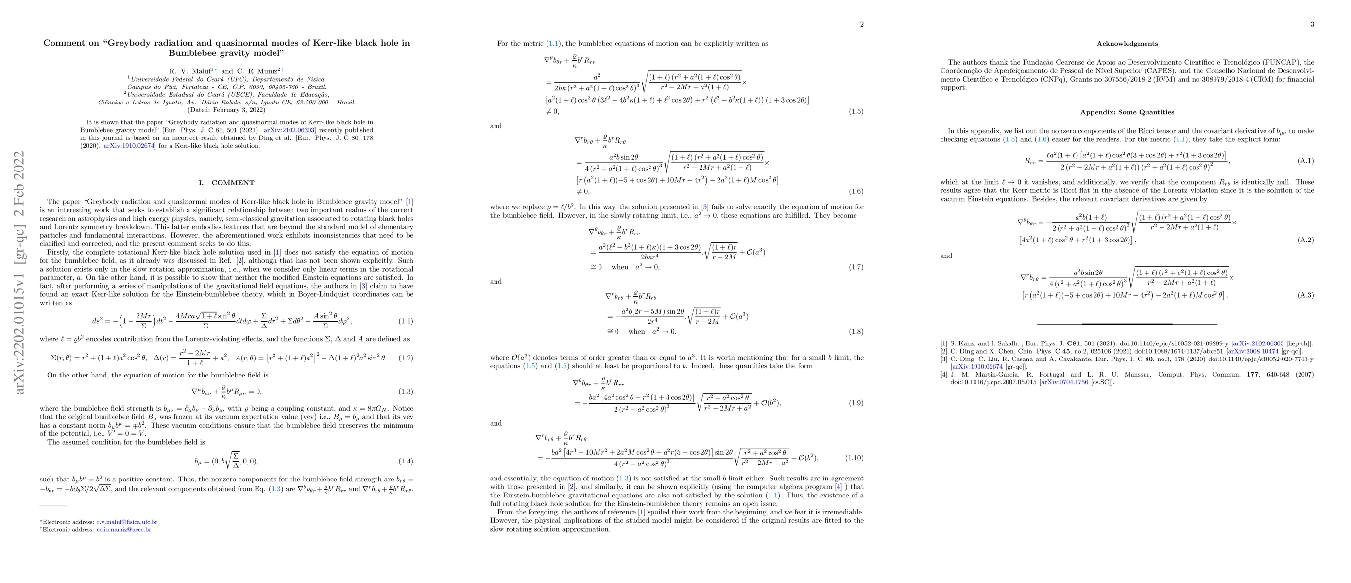 Thumbnail for Comment on "Greybody radiation and quasinormal modes of Kerr-like black
  hole in Bumblebee gravity model"