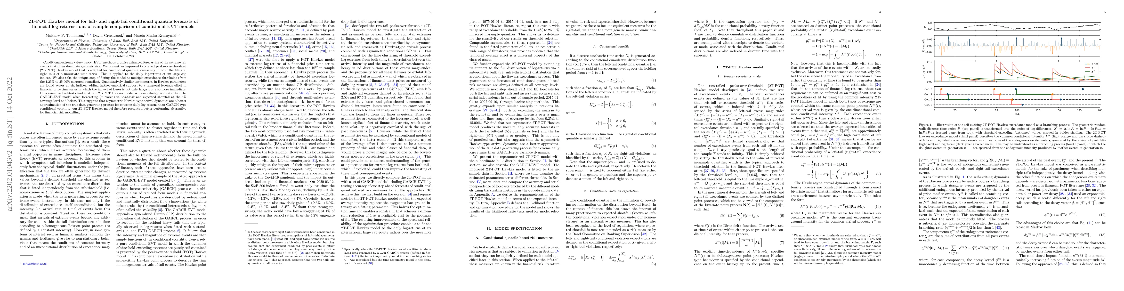Thumbnail for 2T-POT Hawkes model for left- and right-tail conditional quantile
  forecasts of financial log-returns: out-of-sample comparison of conditional
  EVT models