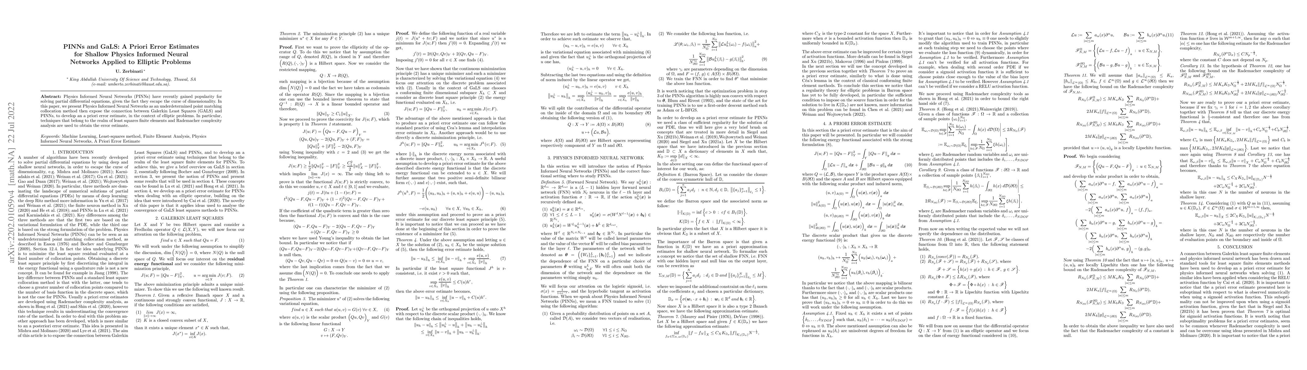 Thumbnail for PINNs and GaLS: A Priori Error Estimates for Shallow Physics Informed
  Neural Networks Applied to Elliptic Problems