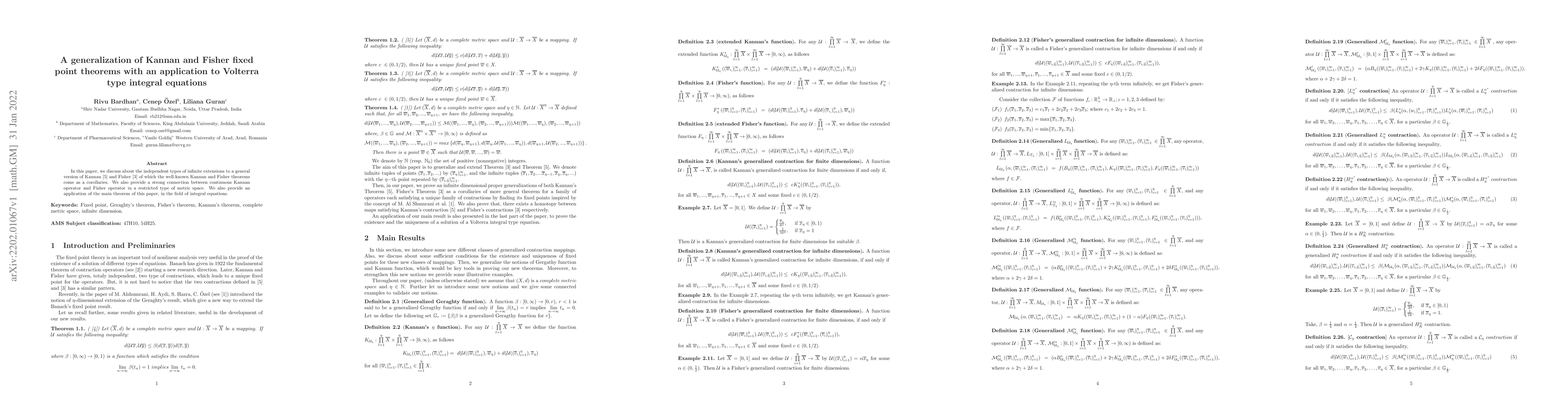 Thumbnail for A generalization of Kannan and Fisher fixed point theorems with an
  application to Volterra type integral equations