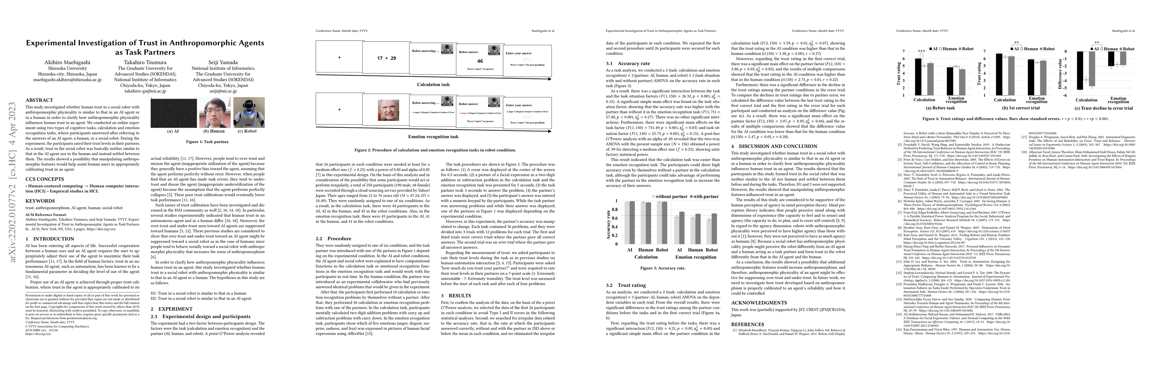 Thumbnail for Experimental Investigation of Trust in Anthropomorphic Agents as Task
  Partners