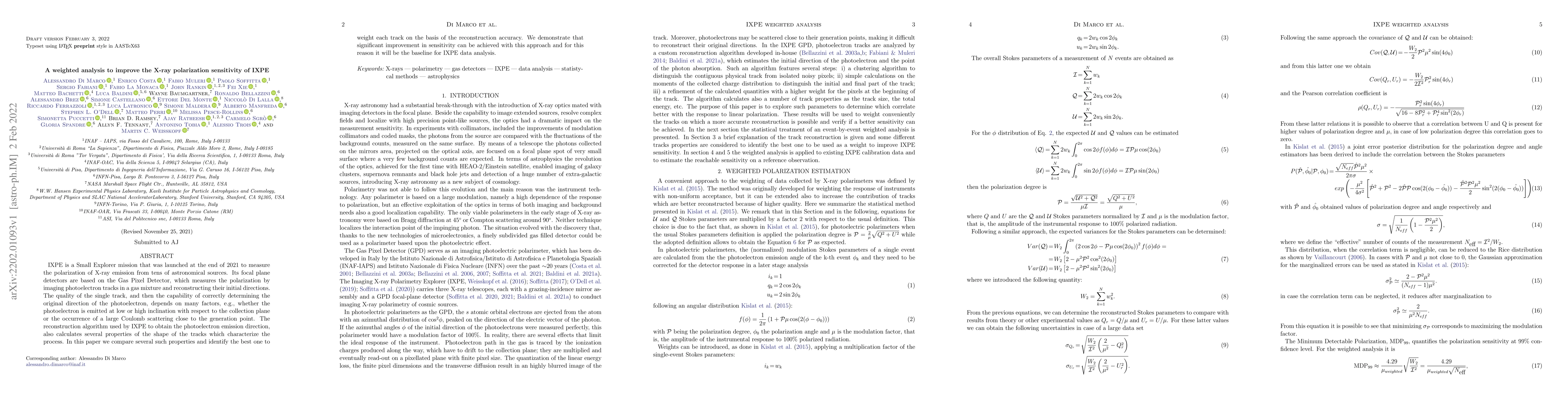 Thumbnail for A weighted analysis to improve the X-ray polarization sensitivity of
  IXPE