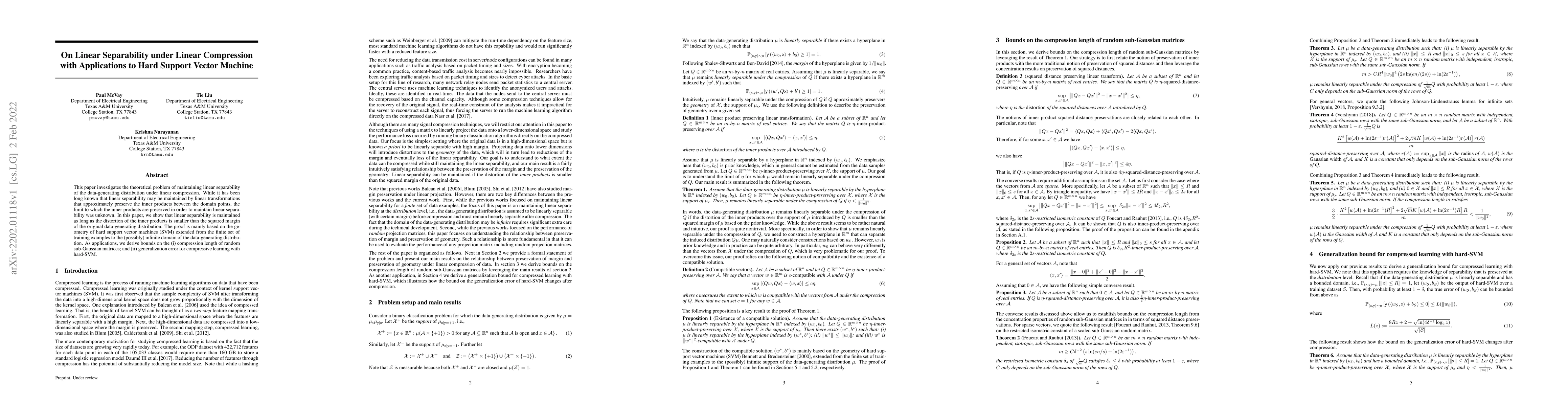 Thumbnail for On Linear Separability under Linear Compression with Applications to
  Hard Support Vector Machine