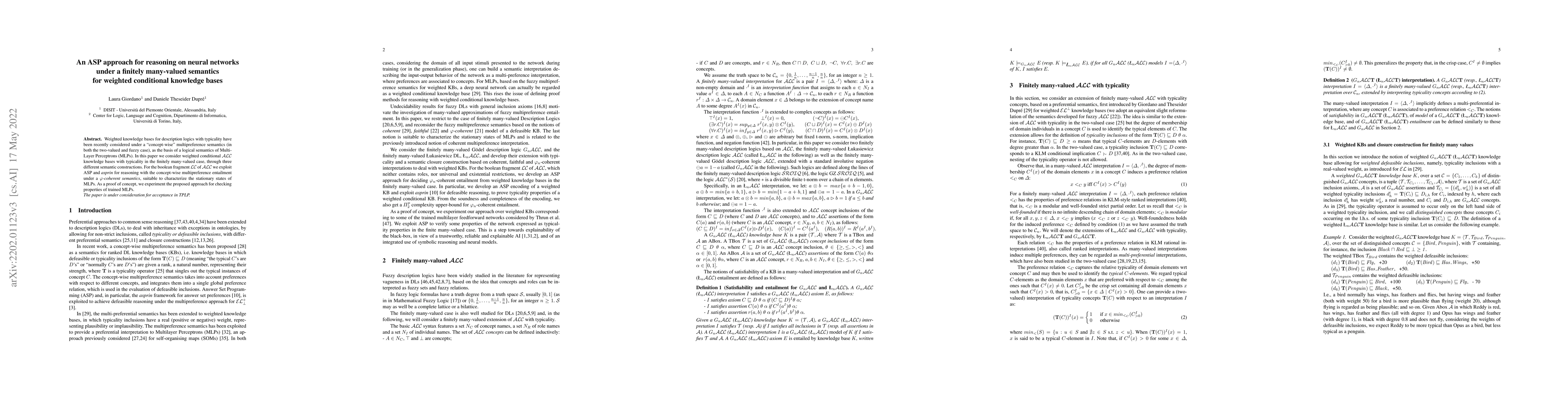 Thumbnail for An ASP approach for reasoning on neural networks under a finitely
  many-valued semantics for weighted conditional knowledge bases