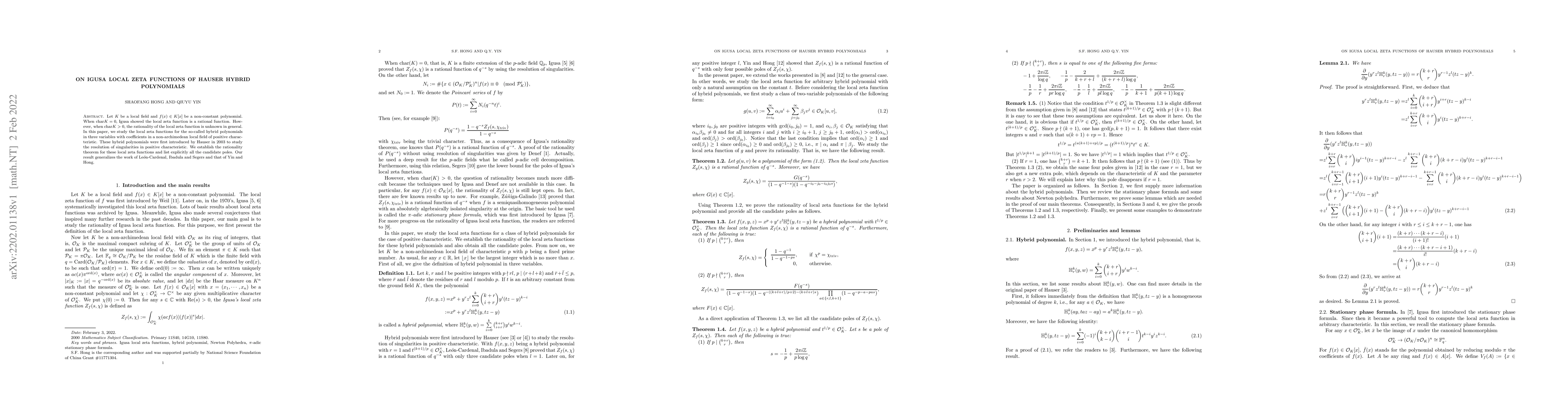 Thumbnail for On Igusa local zeta functions of Hauser hybrid polynomials