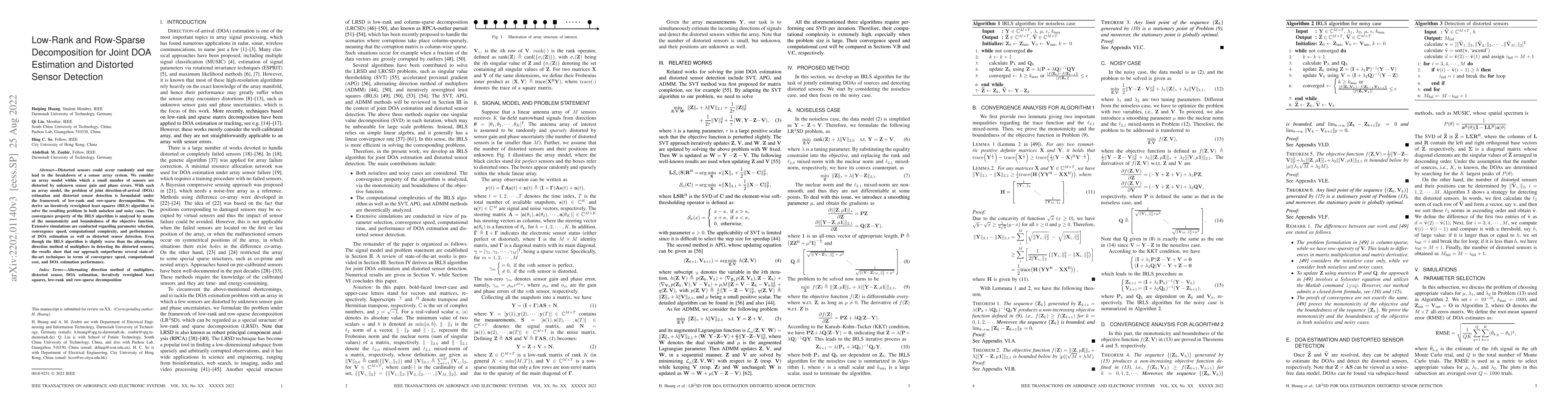 Thumbnail for Low-Rank and Row-Sparse Decomposition for Joint DOA Estimation and
  Distorted Sensor Detection