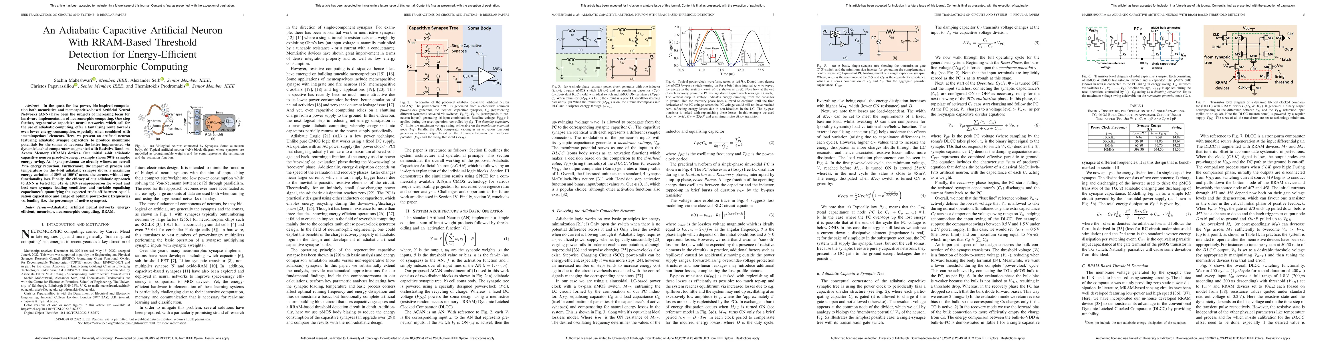 Thumbnail for An Adiabatic Capacitive Artificial Neuron with RRAM-based Threshold
  Detection for Energy-Efficient Neuromorphic Computing