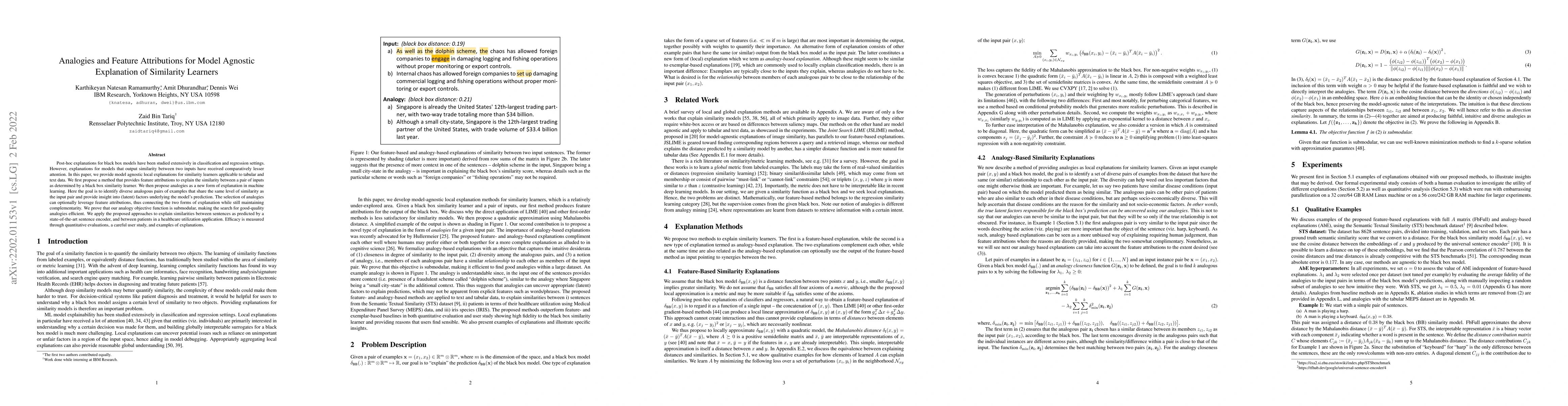 Thumbnail for Analogies and Feature Attributions for Model Agnostic Explanation of
  Similarity Learners