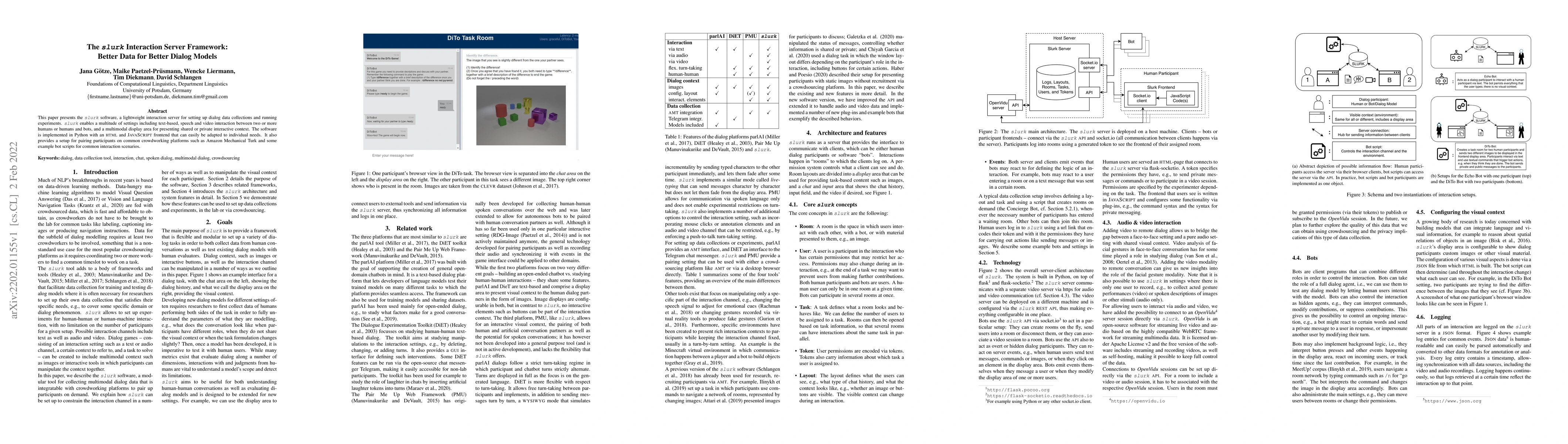 Thumbnail for The slurk Interaction Server Framework: Better Data for Better Dialog
  Models