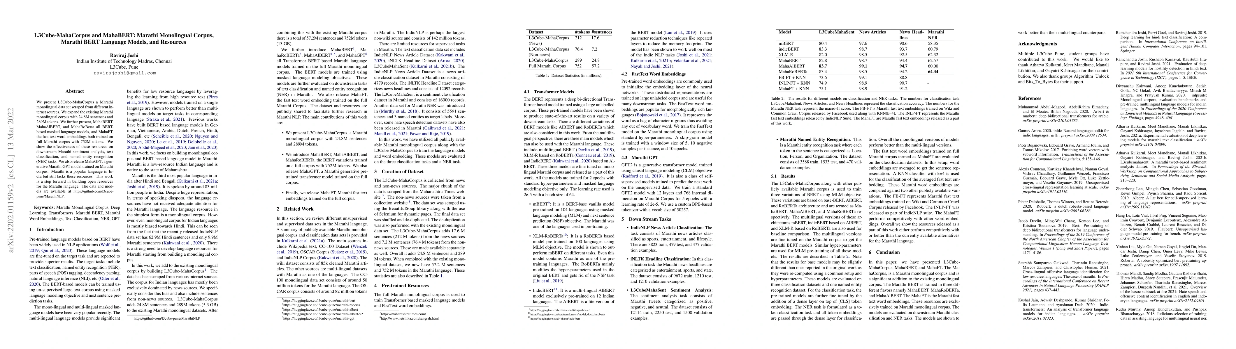 Thumbnail for L3Cube-MahaCorpus and MahaBERT: Marathi Monolingual Corpus, Marathi BERT
  Language Models, and Resources