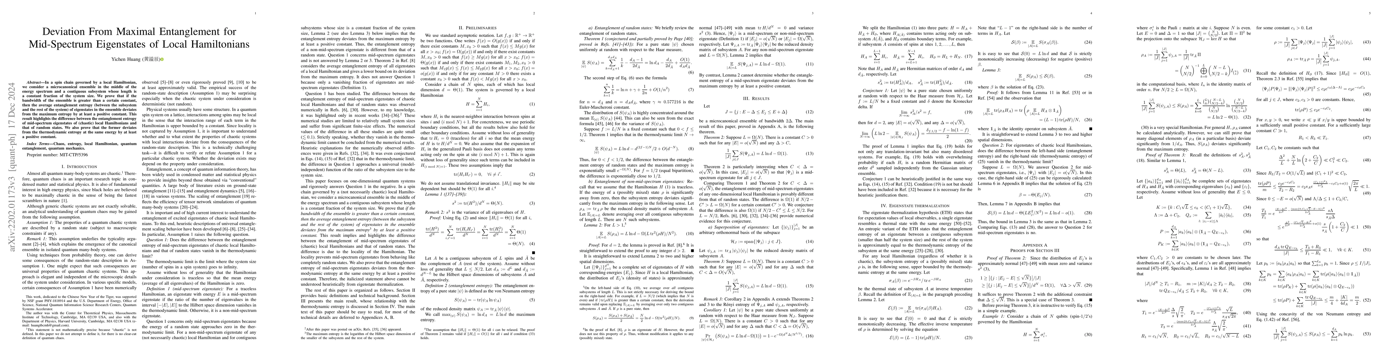 Thumbnail for Deviation from maximal entanglement for mid-spectrum eigenstates of
  local Hamiltonians