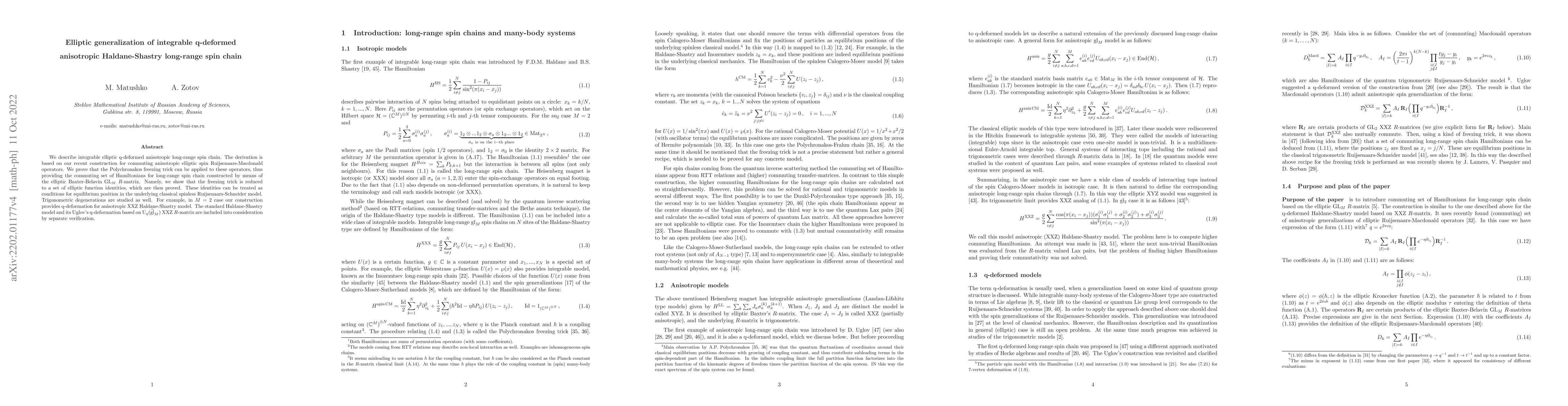 Thumbnail for Elliptic generalization of integrable q-deformed anisotropic
  Haldane-Shastry long-range spin chain
