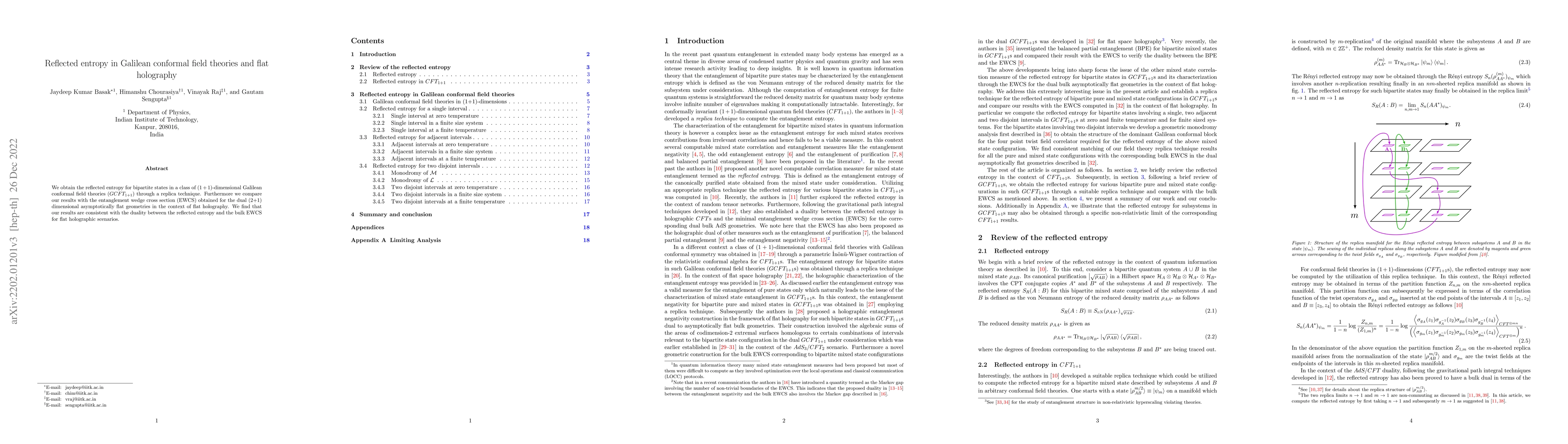 Thumbnail for Reflected entropy in Galilean conformal field theories and flat
  holography