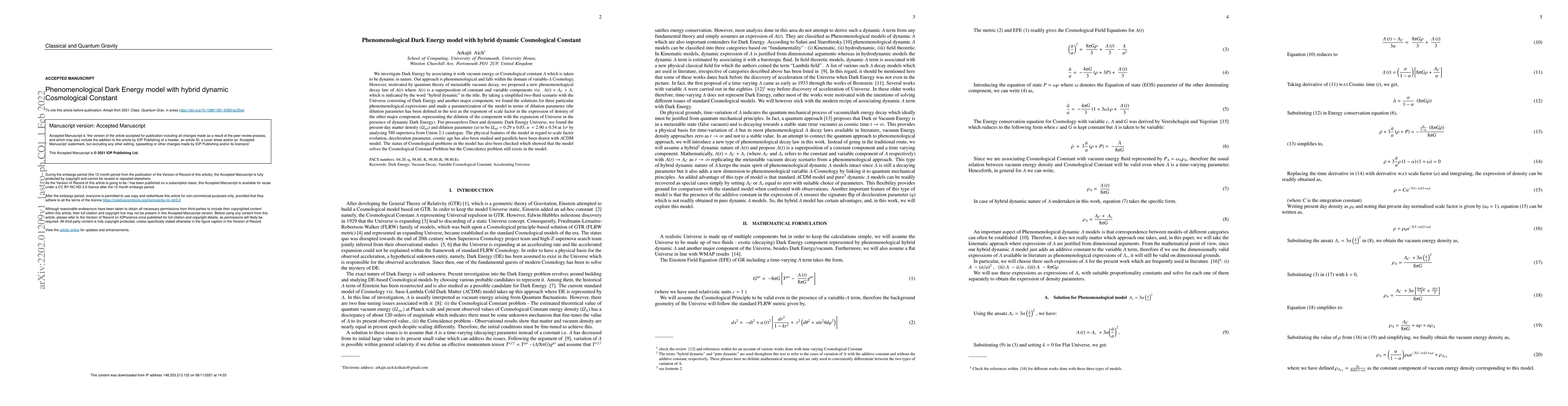 Thumbnail for Phenomenological Dark Energy model with hybrid dynamic Cosmological
  Constant