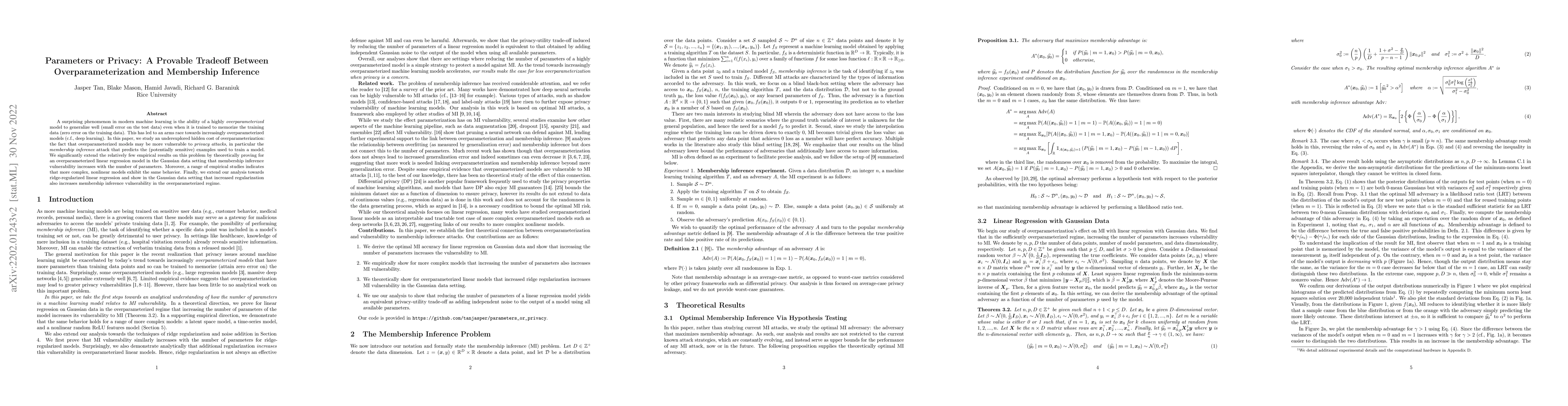Thumbnail for Parameters or Privacy: A Provable Tradeoff Between Overparameterization
  and Membership Inference