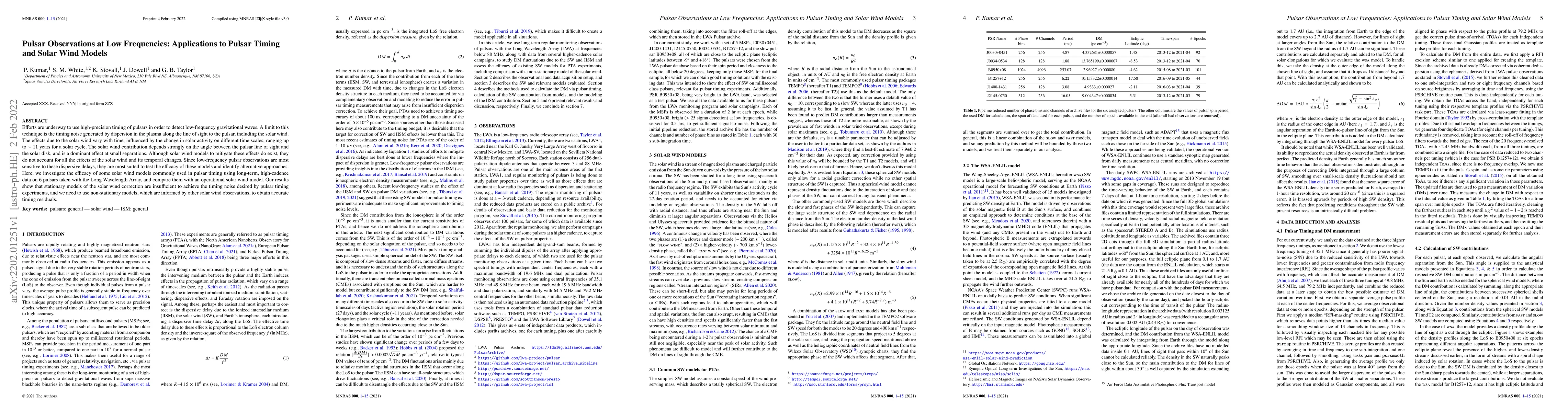 Thumbnail for Pulsar Observations at Low Frequencies: Applications to Pulsar Timing
  and Solar Wind Models