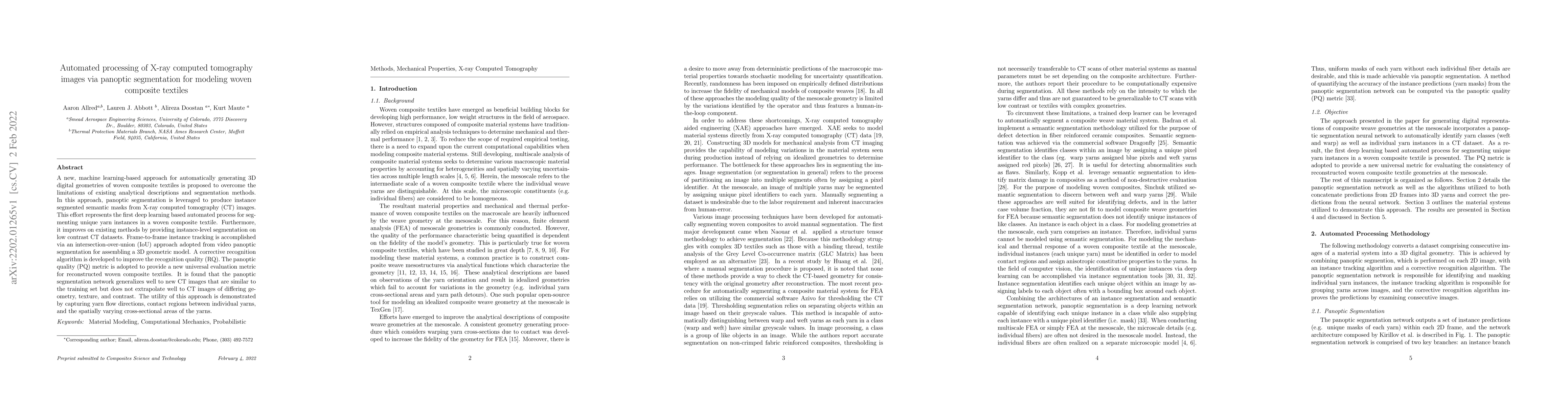 Thumbnail for Automated processing of X-ray computed tomography images via panoptic
  segmentation for modeling woven composite textiles