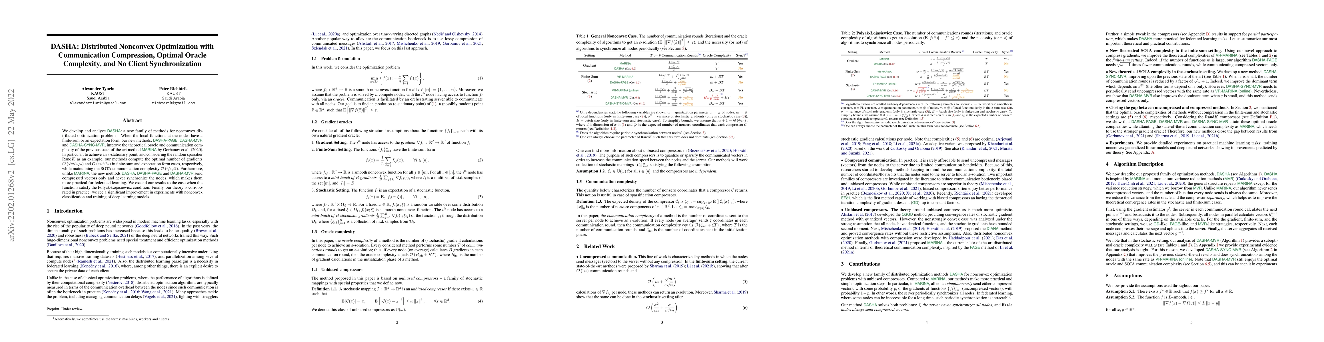 Thumbnail for DASHA: Distributed Nonconvex Optimization with Communication
  Compression, Optimal Oracle Complexity, and No Client Synchronization