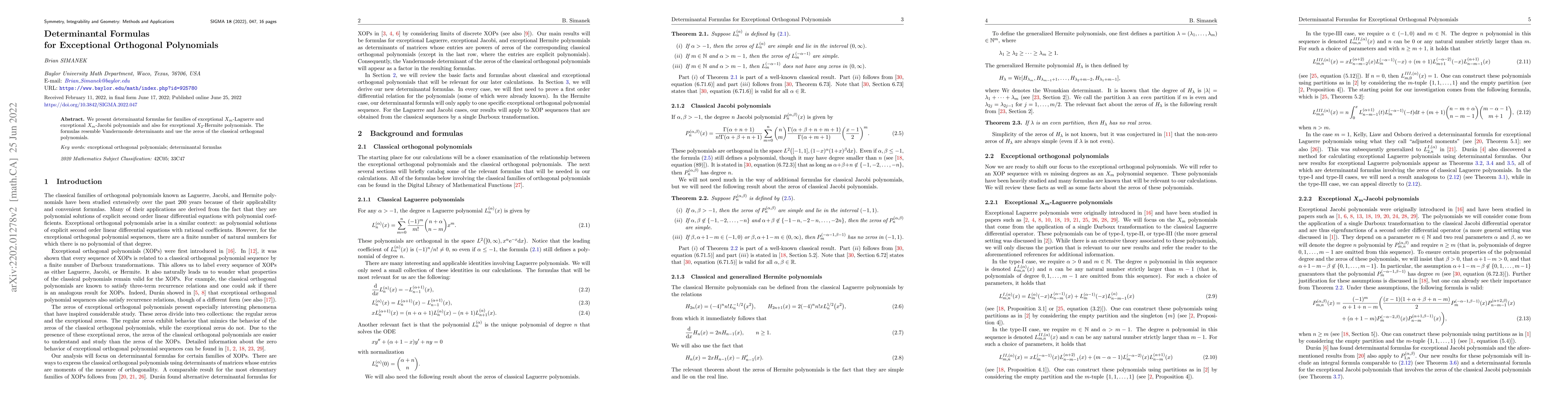 Thumbnail for Determinantal Formulas for Exceptional Orthogonal Polynomials